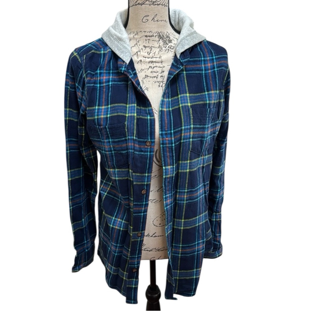 NWOT Cozy Lands' End Kids Flannel Blue Plaid oversized Button Down Shirt w Hood